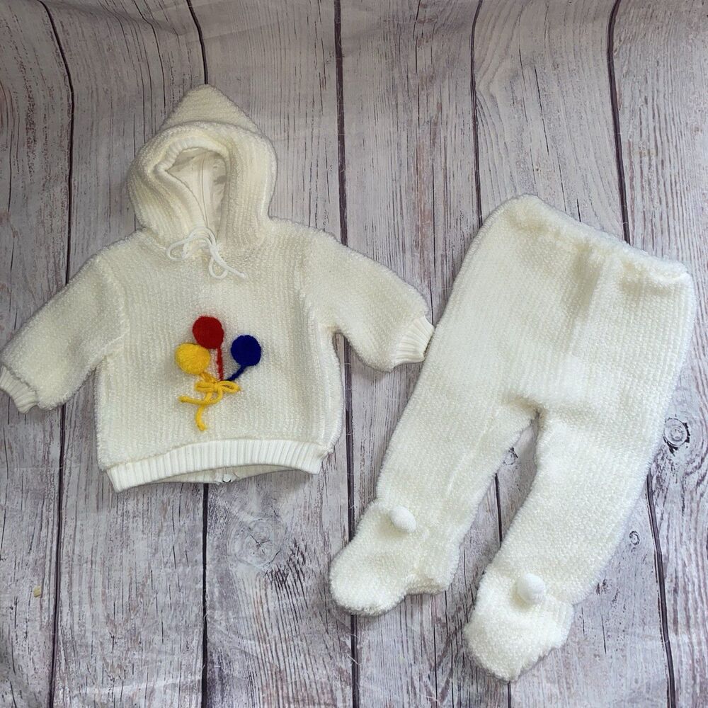 Baby Knit Outfit Set 0-6 Months White Hooded Sweater Pants Pom Pom Knit